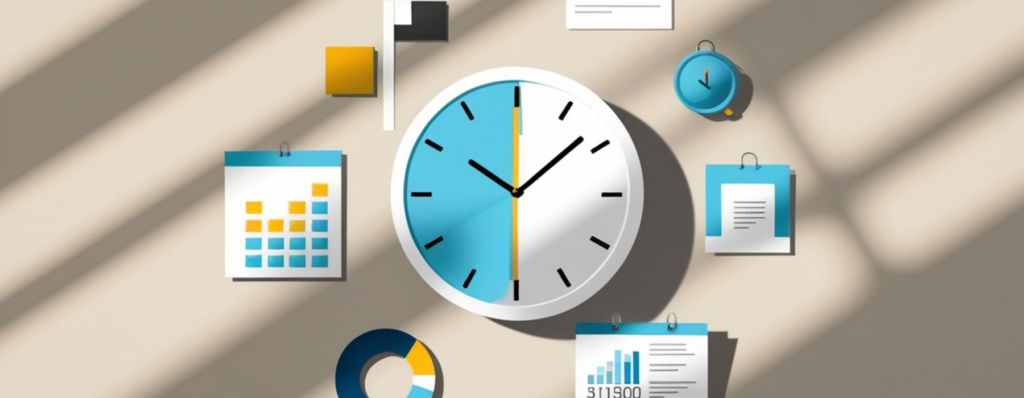 Ilustração de um relógio cercado por calendários, documentos e gráficos, representando a gestão de energia, organização e produtividade no ambiente de trabalho.